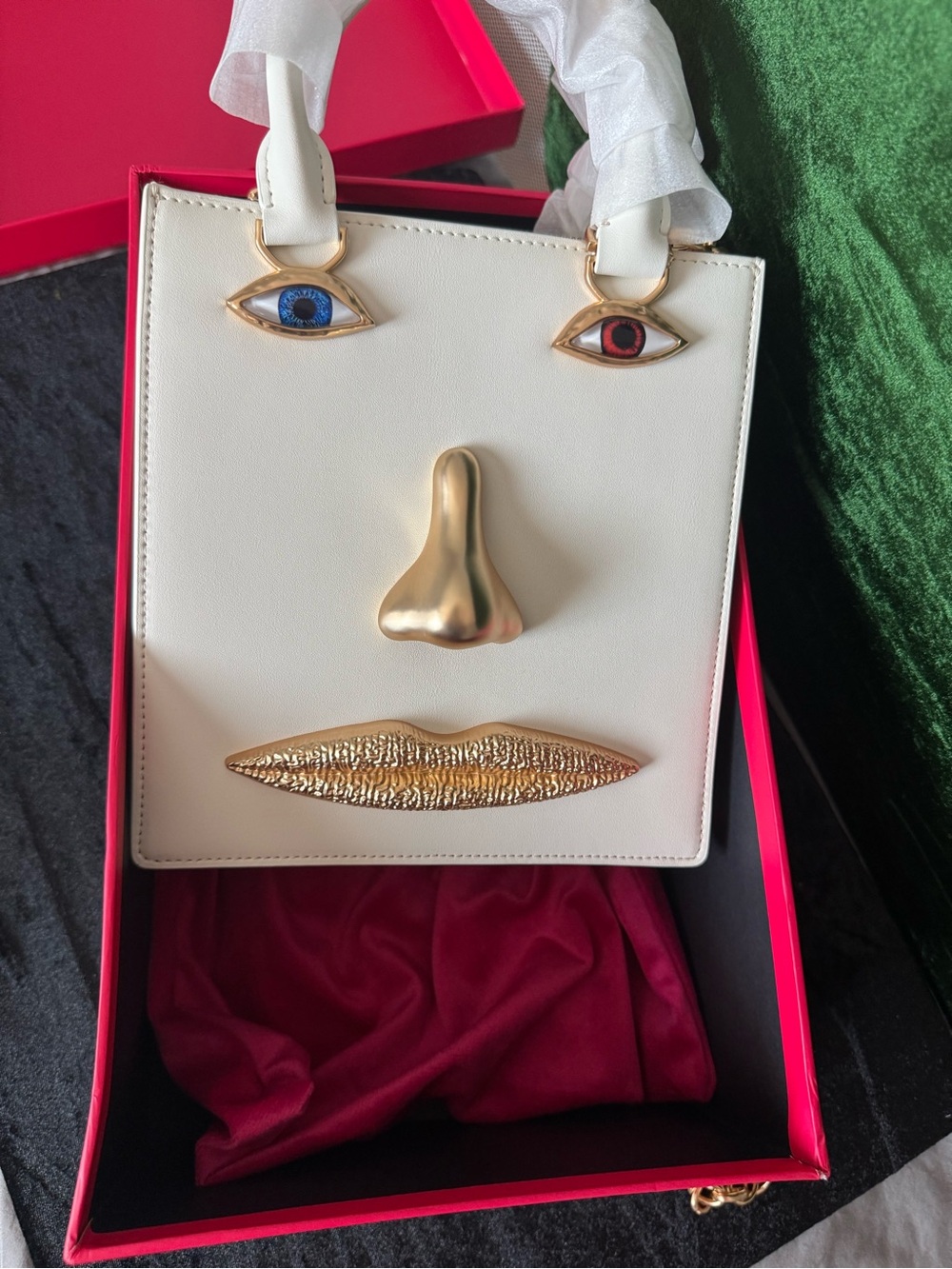 Schiaparelli inspired Face-anatomy Tote Bag with Gold Hardware and chain straps